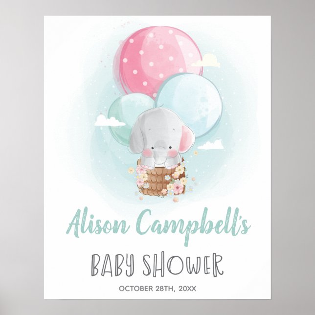Affiche Ballons éléphants Sexe Baby shower neutre (Devant)