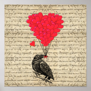 Affiche Ballons en forme de corbeau vintage et de coeur