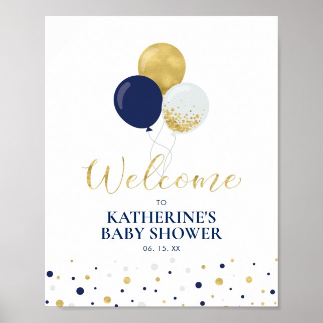 Affiche Ballons Gold & Navy | Accueil Baby shower garçon (Devant)