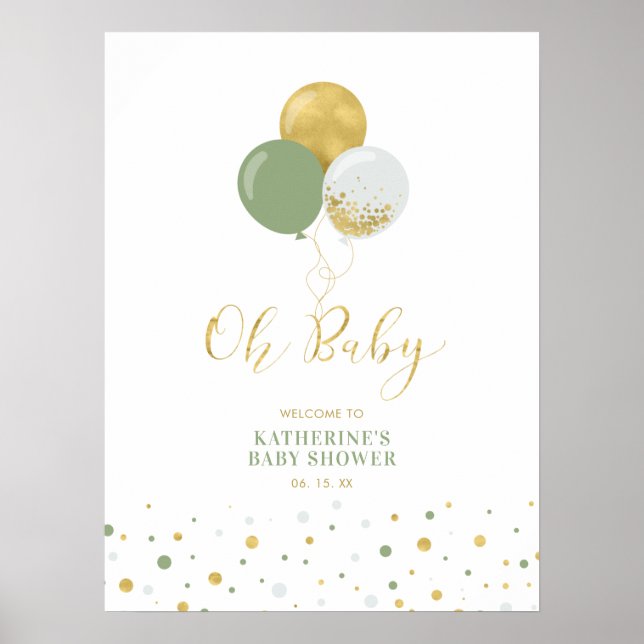 Affiche Ballons or et vert | Accueil Baby shower garçon (Devant)
