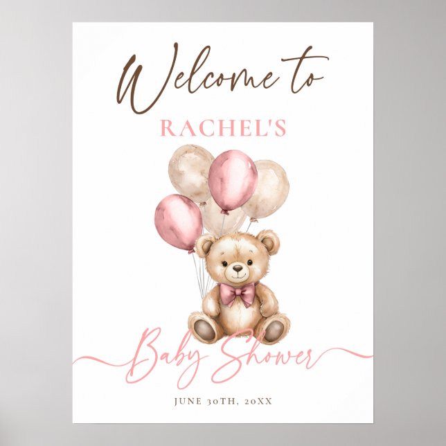 Affiche Ballons Ours Teddy Baby shower rose Accueil (Devant)
