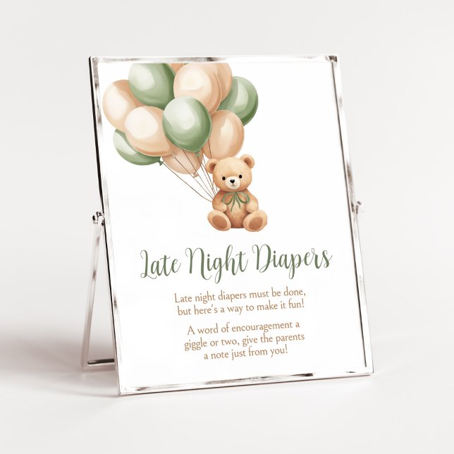 Affiche Ballons Ours Vert Sage Late Night Diapés (Green Boho Bear Baby Shower Late Night Diapers Sign)