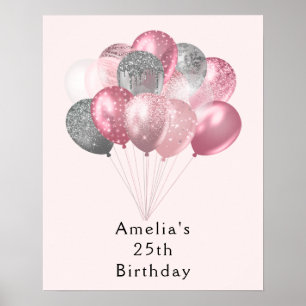 Affiche Ballons Pailletés Rose et Argent Anniversaire