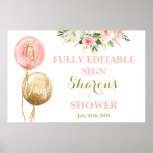 Affiche ballons rose et or baby shower jumelles