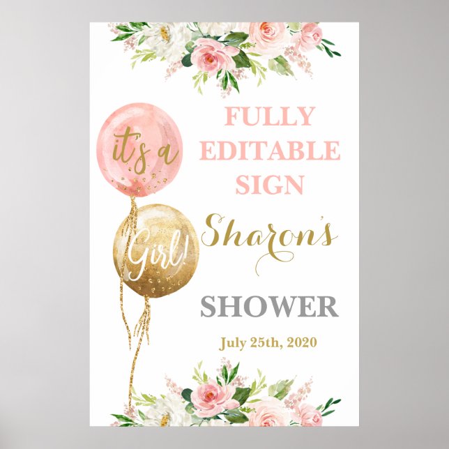 Affiche Ballons roses baby shower fille signe (Devant)