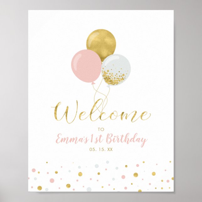 Affiche Ballons roses et or | Bienvenue pour le 1er annive (Devant)