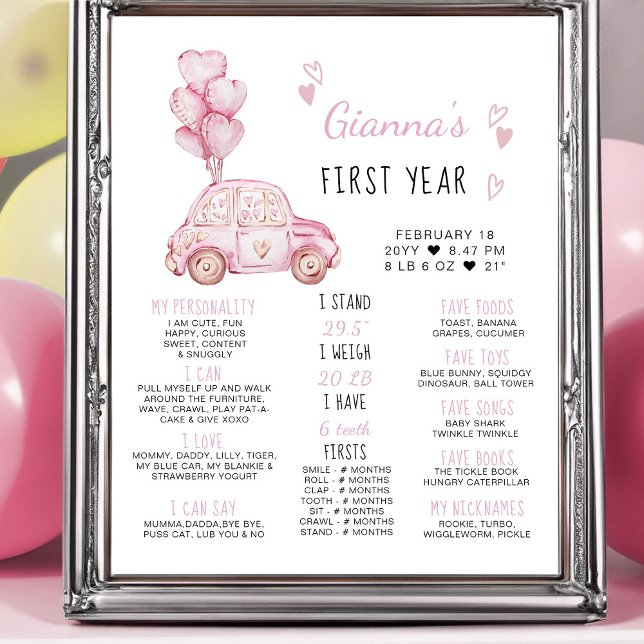 Affiche Ballons roses et voiture 1er anniversaire Jalon (Girls First Birthday Milestone Poster - from my Car and Balloons Valentine Birthday Collection)