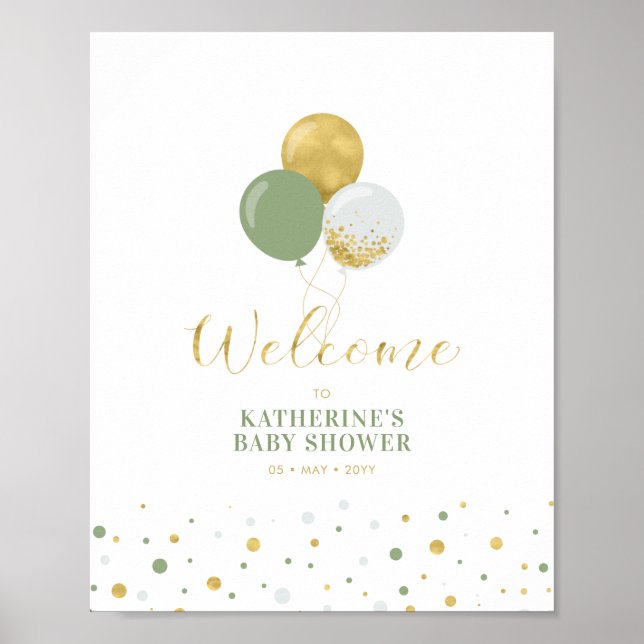 Affiche Ballons verts Gold Sage | Accueil Baby shower garç (Devant)