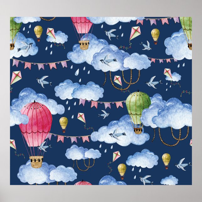 Affiche Ballons Whimsical : Motif de nuage d'aquarelle (Devant)