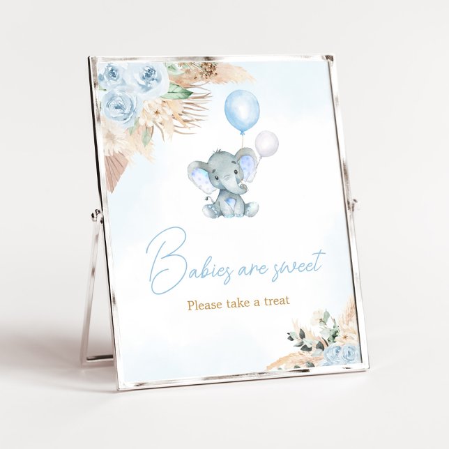 Affiche Balloon bleu Eléphant Baby shower Les bébés sont d (Blue Floral Pampas Grass Elephant Baby Shower Babies are Sweet SIgn)