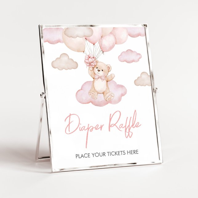 Affiche Balloon de Baby shower de couche rose pour bébé Ra (Pink Baby Bear Balloon Baby Shower Diaper Raffle Sign)