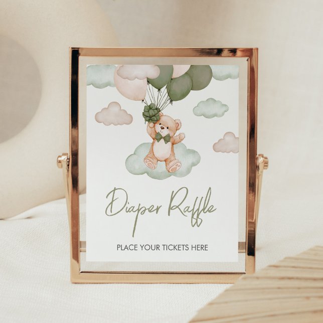 Affiche Balloon de Baby shower de couches pour bébé vert R (Green Bear Balloon Bearly Wait Baby Shower Diaper Raffle Sign)