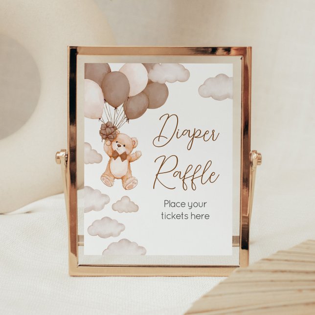 Affiche Balloon d'ours Brown Bearly Wait Diaper Raffin (Brown Baby Bear Balloon Baby Shower Diaper Raffle Sign)