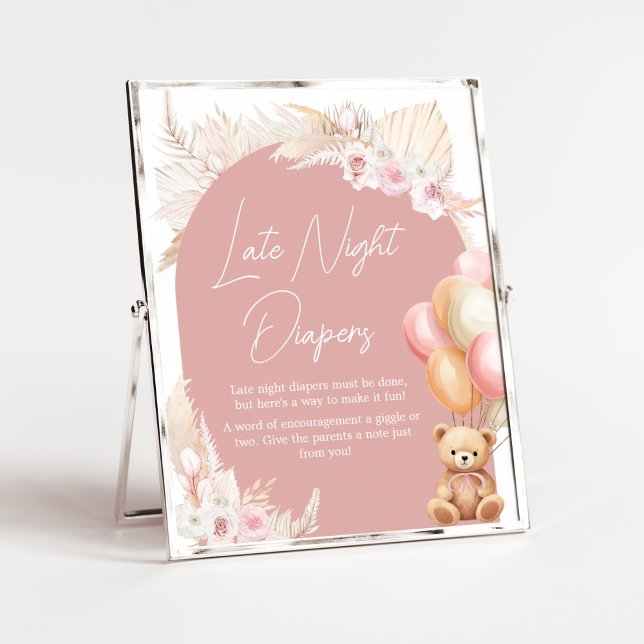 Affiche Balloon d'ours de Boho rose Late Night Diapés (We Can Bearly Wait Baby Shower Late Night Diapers Sign)