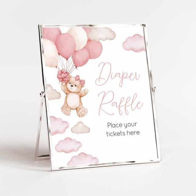 Affiche Balloon d'ours rose Bearly Wait Diaper Raffin (Pink Baby Bear Balloon Baby Shower Diaper Raffle Sign)