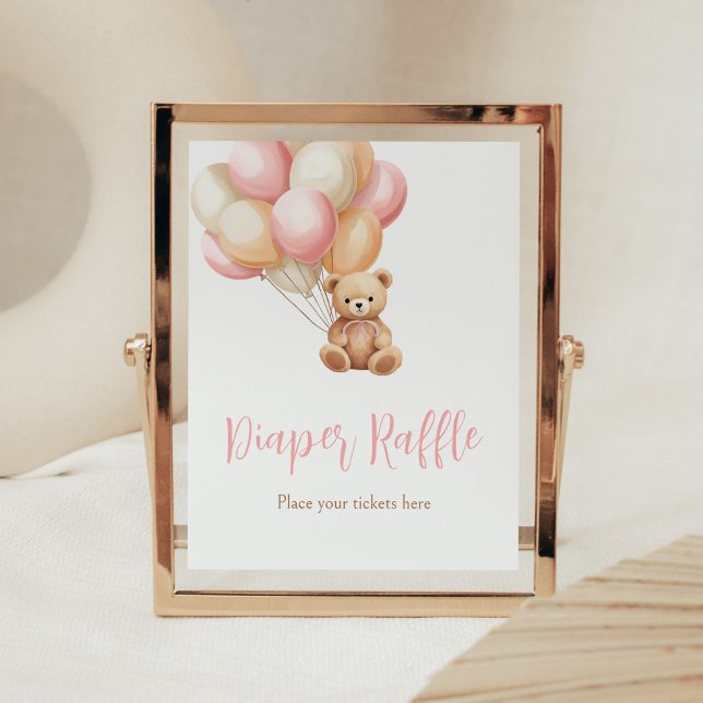 Affiche Balloon rose Baby shower Ours Boho Déchets Raffin (We Can Bearly Wait Girl Baby Shower Diaper Raffle Sign)