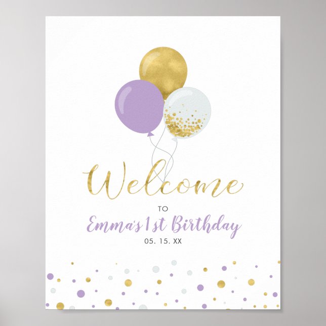 Affiche Balloons Gold & Purple Fille 1er anniversaire Bien (Devant)