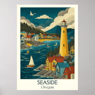 Affiche Balnéaire Oregon Vintage Beach Lighthouse Travel A