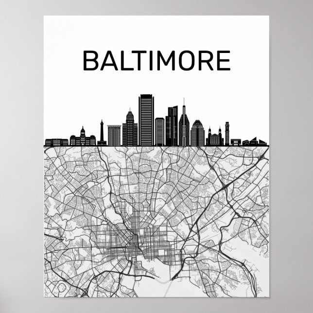 Affiche Baltimore Maryland City Skyline avec carte (Devant)