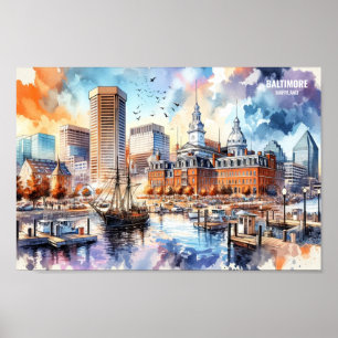 Affiche Baltimore Maryland USA Travel Places aquarelle