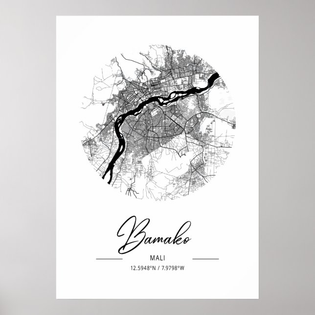 Affiche Bamako - Mali Carte de la ville d'eau noire (Devant)
