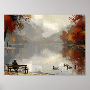 Affiche Banc de parc d'automne au bord de l'étang