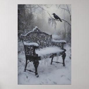 Affiche Banc en fer vintage enneigé avec sombre corbeau