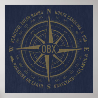 Affiche Bancs extérieurs OBX Compass Vintage Gold Navy Ble