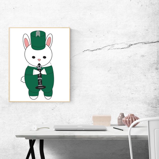 Affiche Bande de Marche Clarinet lapin Vert Blanc (A poster of a rabbit playing the clarinet in a green and white marching band uniform.)