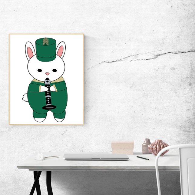 Affiche Bande de Marquage de lapin Clarinet Green Gold (A poster of a white rabbit playing the clarinet wearing a green & gold marching band uniform.)