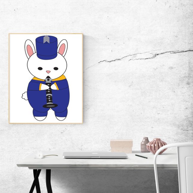 Affiche Bande Marche Clarinet Rabbit Bleu Jaune Or (A poster of a rabbit playing the clarinet in a blue and yellow marching band uniform.)