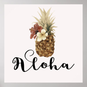Affiche Bandeau florale vintage à ananas tropicale Hibiscu