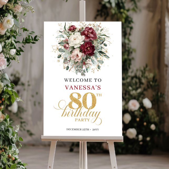 Affiche Banderole de bienvenue pour 80e anniversaire aux m (Boho Deep Red Floral 80th Birthday Welcome Poster)