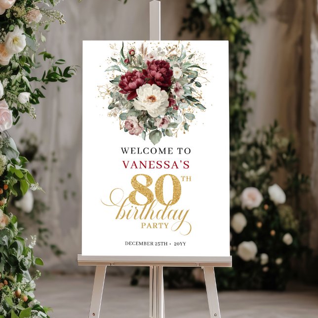 Affiche Banderole de bienvenue pour 80e anniversaire Glam  (Glam Marsala Floral 80th Birthday Welcome Poster)