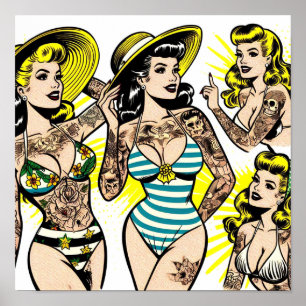 Affiche Bandes dessinées de pin-up en bikini tatouées