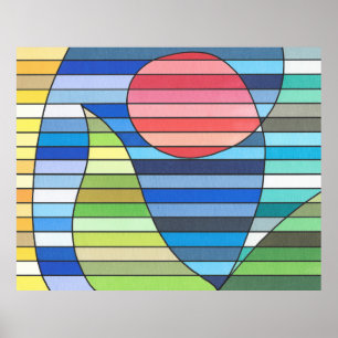 Affiche Bandes géométriques avec cercle rouge et courbes v