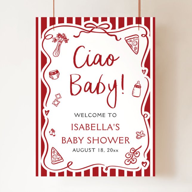 Affiche Bandes Rouges Italien Ciao Bébé Baby Shower Bienve (Red Stripes Hand Drawn Italian Ciao Baby Baby Shower Welcome Sign )