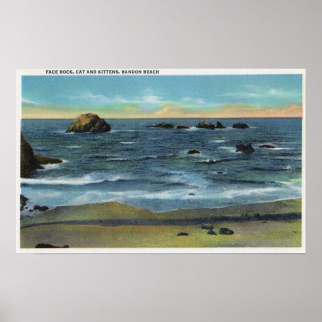 Affiche Bandon Beach Vue sur Face Rock, Cat et Kittens (Devant)