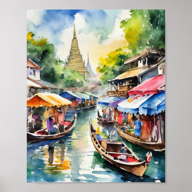 Affiche Bangkok Floating Markets Thaïlande Aquarelle (Devant)