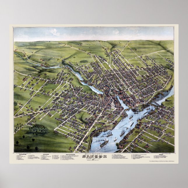 Affiche Bangor, ME Carte panoramique - 1875 (Devant)