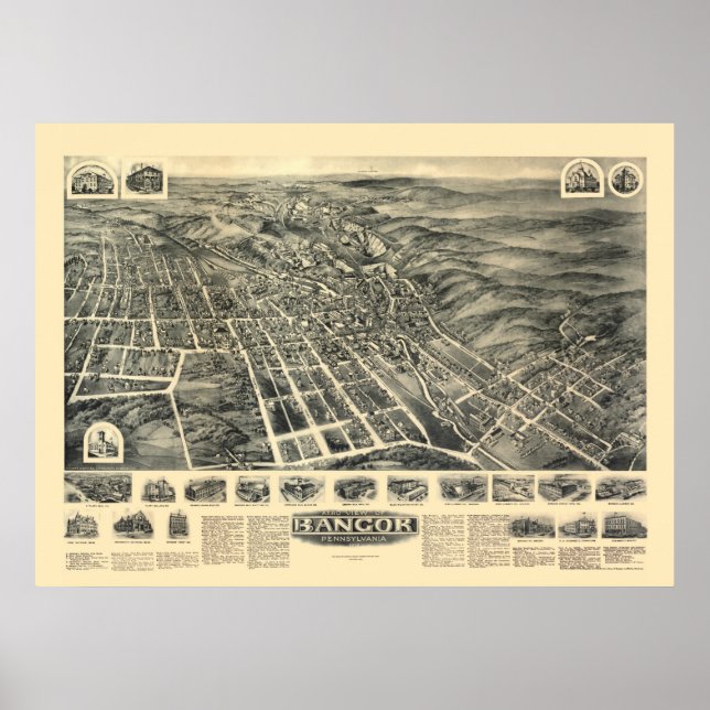 Affiche Bangor, PA Carte panoramique - 1918 (Devant)