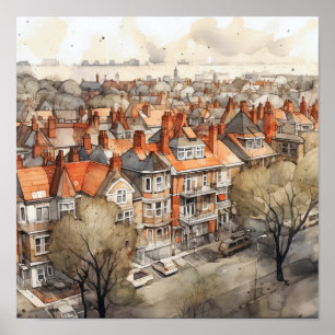 Affiche Banlieues de Londres Carré de peinture aquarelle