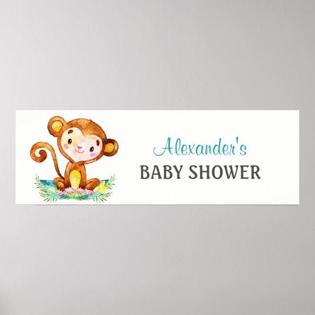 Affiche Bannière Baby shower de singe d'aquarelle (Devant)