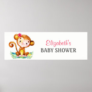 Affiche Bannière Baby shower fille singe aquarelle