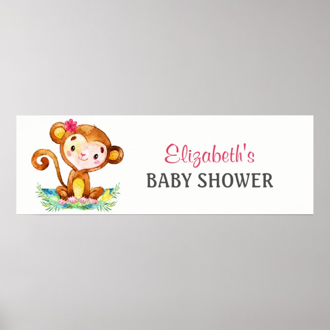 Affiche Bannière Baby shower fille singe aquarelle (Devant)