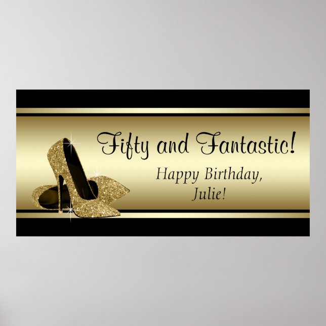 Affiche Bannière d'anniversaire à talons hauts en or noir (Devant)