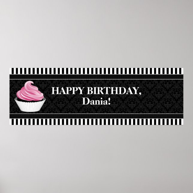 Affiche Bannière d'anniversaire CUSTOM Cupcake et Damask (Devant)