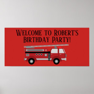 Affiche Bannière d'anniversaire de camion de pompiers roug