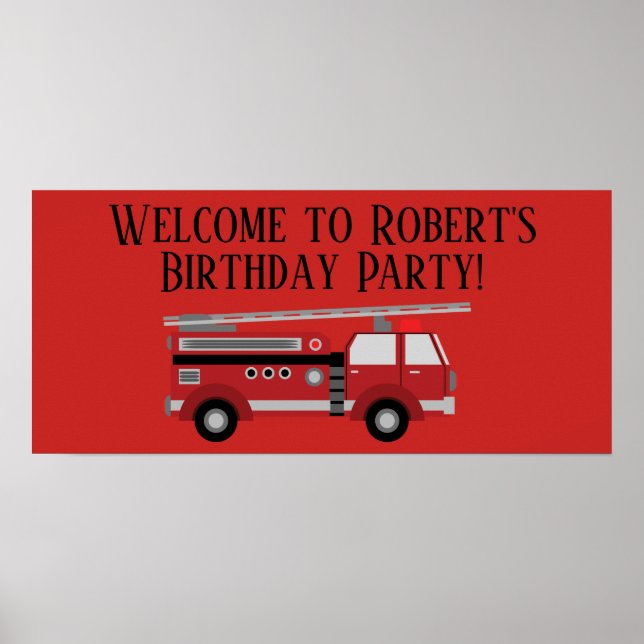 Affiche Bannière d'anniversaire de camion de pompiers roug (Devant)