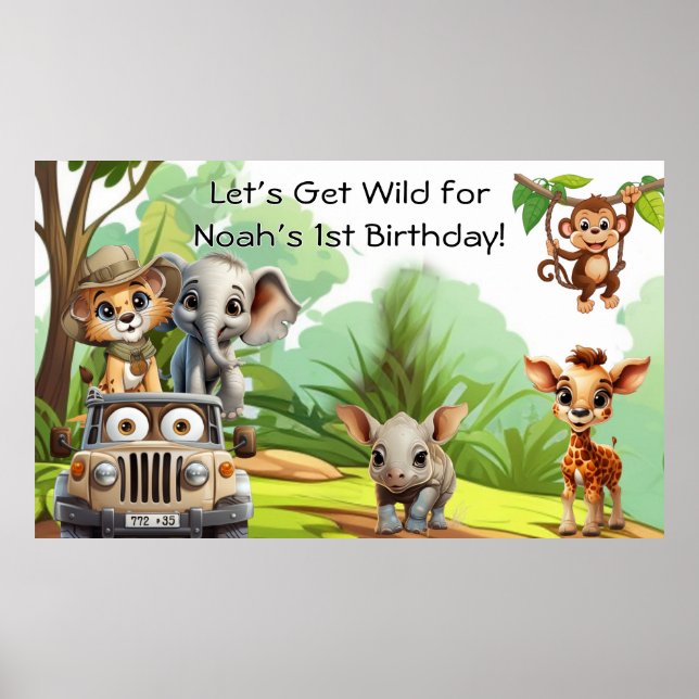 Affiche Bannière d'anniversaire Safari Jungle Wild One – 1 (Devant)